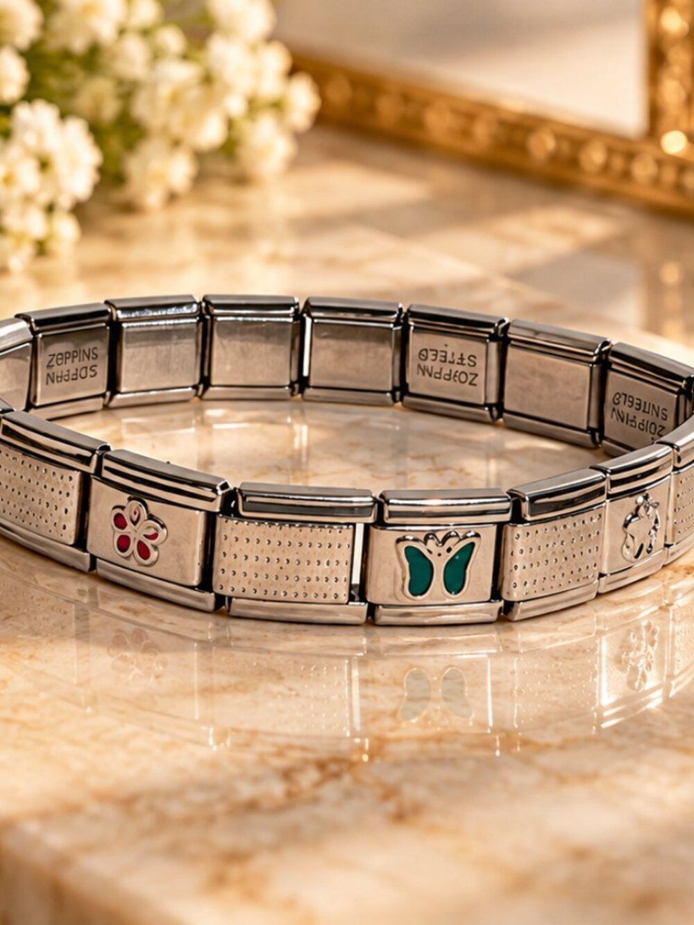 Zoppini Italian Stainless Steel Charm Bracelet – Butterfly & Flower – Stretch Li